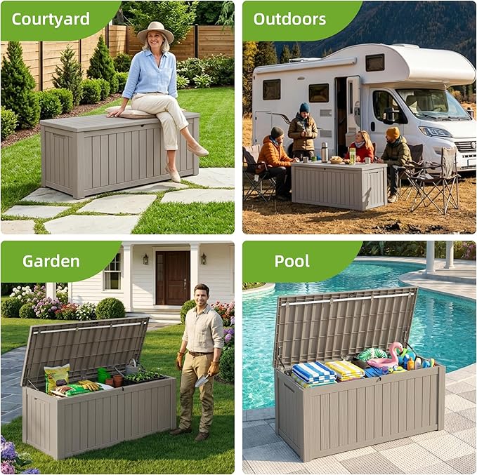 150 Gallon Outdoor Storage Deck Box Waterproof Resin Lockable Outside Bench Porch Patio Furniture Pool Float Garden Tool Cushion UV Resistant Bin Beige