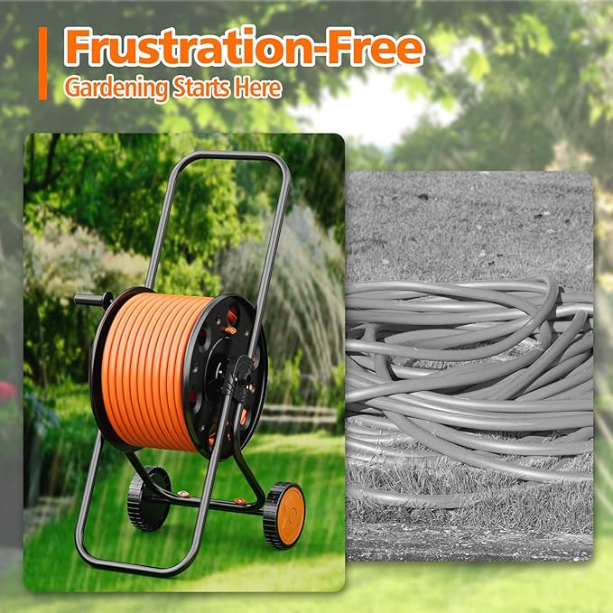 SPECILITE Garden Hose Reel Cart, Holds 75-150 Ft of Hose Storage Holder, Portable Metal Hose Caddy with Wheels, Outdoor Water Hose Reels for Car Washing and Garden Watering