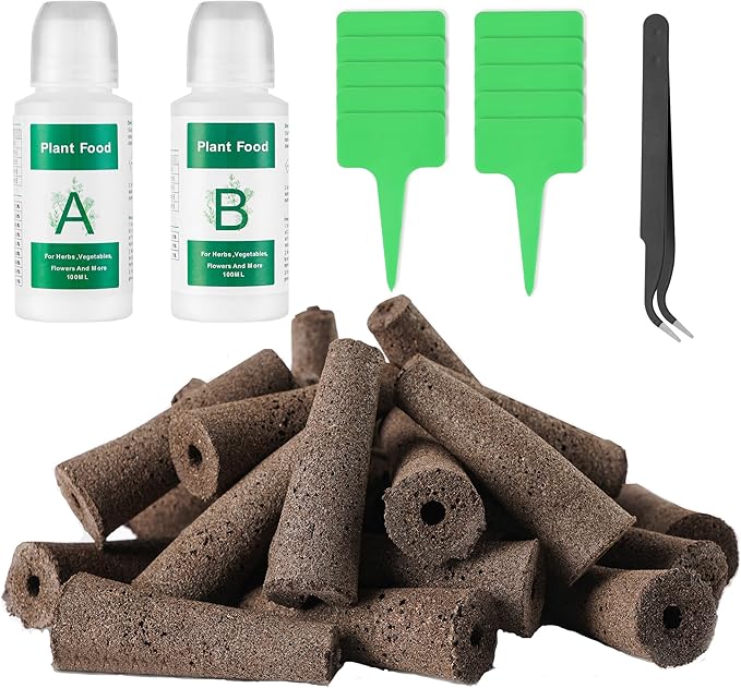 Seed Pods Kit for AeroGarden, 30pcs Grow Sponges with A&B Nutrient, 1 Tweezers, 10 Tags, Seed Starter Pods Replacement Root Growth Sponges Compatible with Hydroponics Growing System