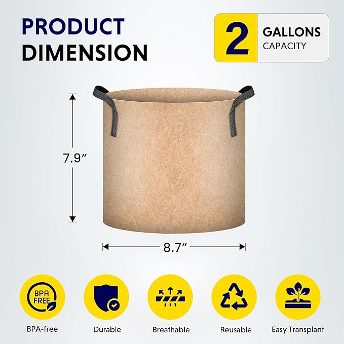 iPower 10-Pack 2 Gallon Plant Grow Bags Heavy Duty Thickened Nonwoven Fabric Growing Pot, Aeration Durable Container with Reinforced Strap Handles with 10 Labels, Tan