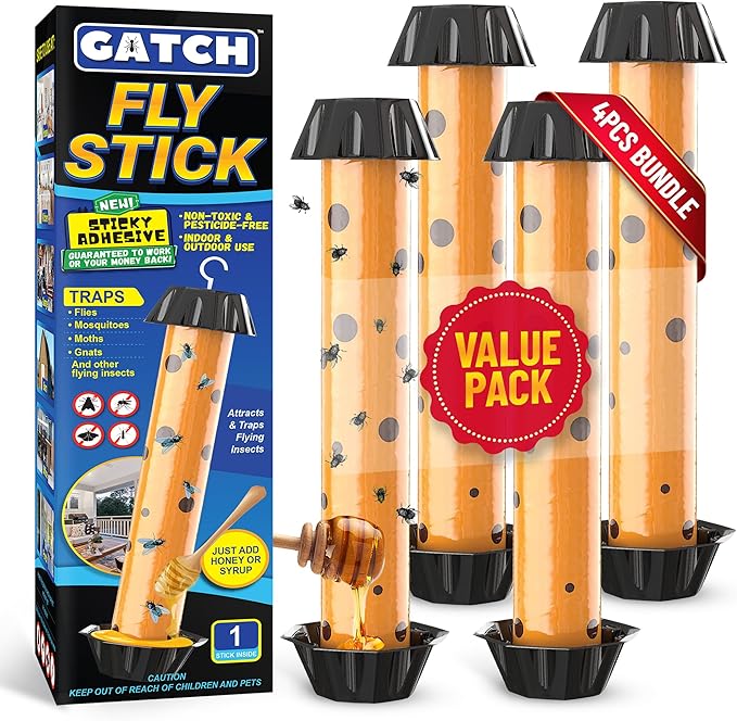 GATCH Fruit Fly Trap (4 Pack), Fly Stick for Mosquitoes, Sticky Trap for Flies Gnats Wasp Flying Insects, Bug Catcher, Indoor or Outdoor Use, Ready to Use Home (4pk)