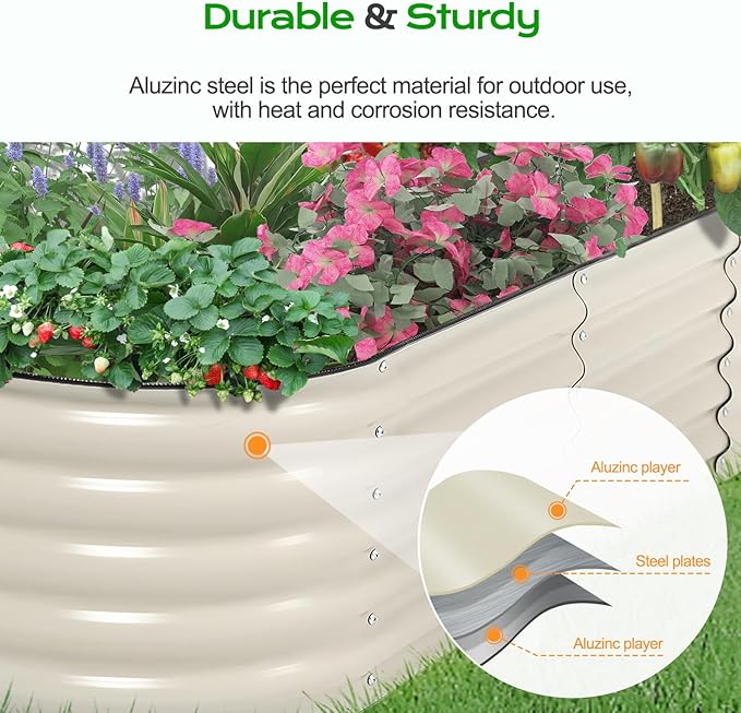 Aoodor 60"" L x 15"" W x 17"" H Galvanized Raised Garden Bed, Durable Half Moon Outdoor Planter Box for Vegetables, Flowers, and Herbs, Beige