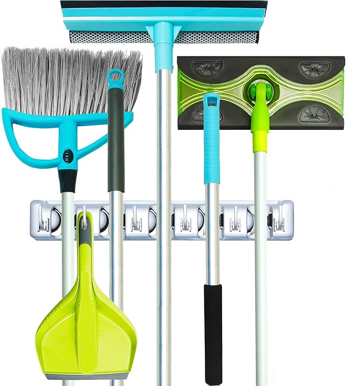 Guay Clean Broom and Mop Holder - Garden Tool Organizer - Home Storage Utility Rack- Strong Grip Hangers with Foldable Hooks - Heavy Duty Wall Mounted Shelf System - Fixed