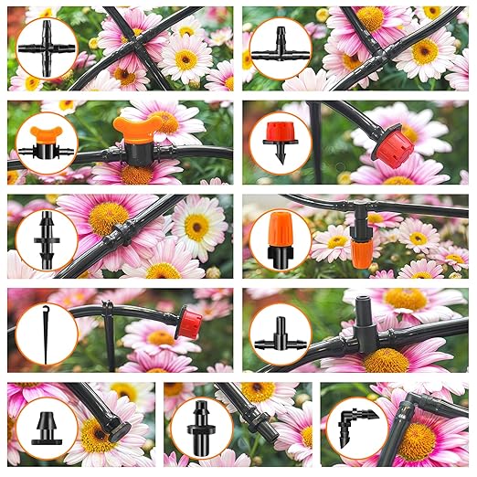 220-Piece Drip Irrigation Fittings Kit for 1/4" Tubing, Complete Set of Drip Barbed Connectors (Nozzle, Micro Dripper, Nozzle Tee, Single Barb, Coupling, Tee, Elbow, Valve, Plug, Cross, Stake)