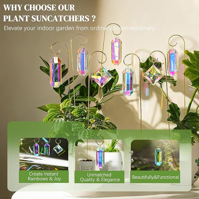 H&D HYALINE & DORA 7 Pack AB Colored Crystal Suncatcher Small Trellis Golden Plant Stake for Potted Plants Indoor Decoration 13.7 Inch