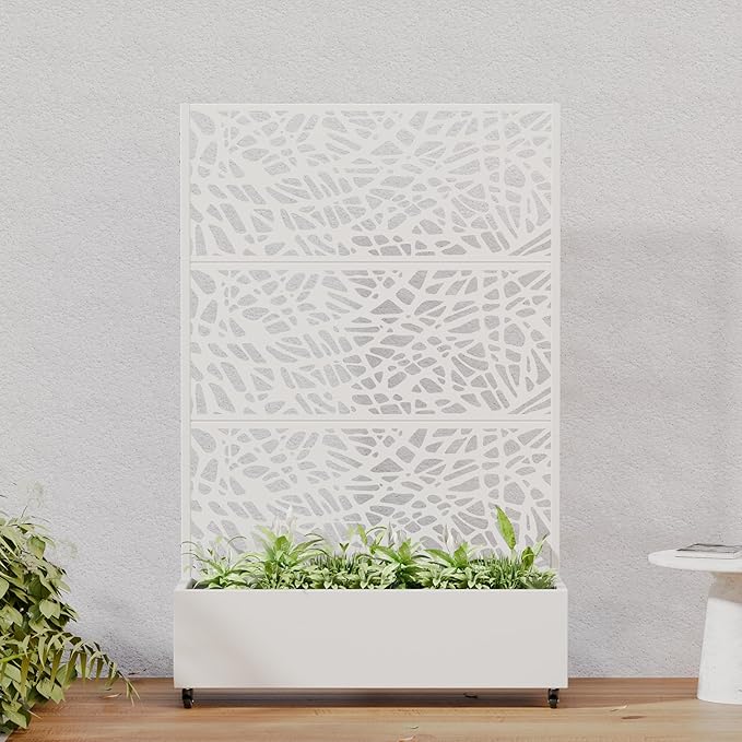 Casaphoria Metal Raised Garden Bed with Trellis and Wheels, 72"x47"x16" Arched Planter Box for Climbing Plants, Vegetables & Vines, Features Drainage Holes and Privacy Screen, White-Net