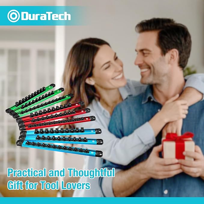 DURATECH Magnetic Socket Organizer Set, 1/4”, 3/8”, 1/2” Aluminum Alloy Socket Rail with 96 Clips, Socket Holder for Tool Box Drawer, Tool Cart and Garage Organization(9PCS)