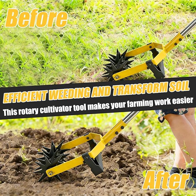 2-in-1 Garden Rotary Cultivator Tool Adjustable Handle Lawn Tools Hand Rotary Tiller for Loosening Soil and Lawn Care, Reseeding Grass, Weeder, Soil Mixing, Manual Yard Tiller