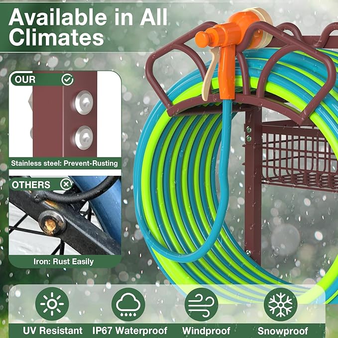 Upgraded Garden Hose Holder with Large Basket, Heavy Duty Water Hose Holder Supports 160-ft Hoses, Freestanding Detachable Hose Stand Storage Reel Hanger Rack for Yard Lawn Farm, Bronze