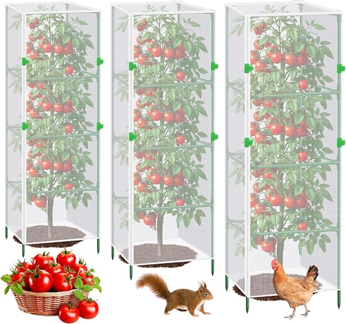3Pack Garden Bird Netting Plant Cover for Square Tomato Cage,55.1"x15.7" Insect Bird Barrier Tomato Cage Net with Zipper&12pcs Clips,Tomato Trellis Netting Protection Mesh Cover for Protecting Plants