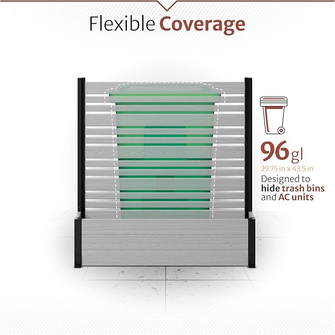 44in H x 46in W x 9.5in L (1 Screen w/Planter) Freestanding Enclo Florence Privacy Fence Screen with Planter Box, Outdoor Vinyl Privacy Screen Panel for Patio & Air Conditioner, EC18007
