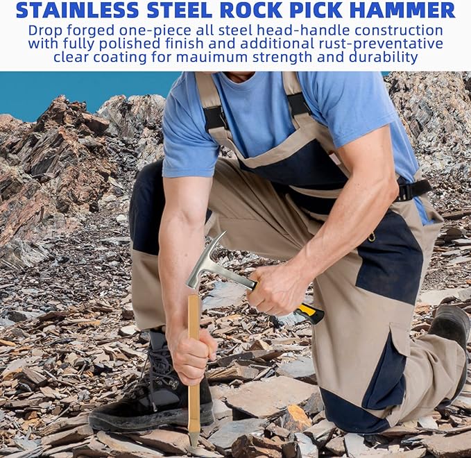 17PCS Geology Rock Pick Hammer Kit, 32oz Hammer & 3 PCS Digging Chisels Set for Rock Hounding, Gold Mining & Prospecting Equipment Tool with Multi-function Sholve, Compass, Whistle, Chisel