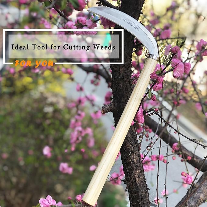 Grass Sickle Japanese Weeding Hoe Garden Hand Tool Weeding Tools for Garden High-Strength Steel with Solid Wood Handle (Beige)