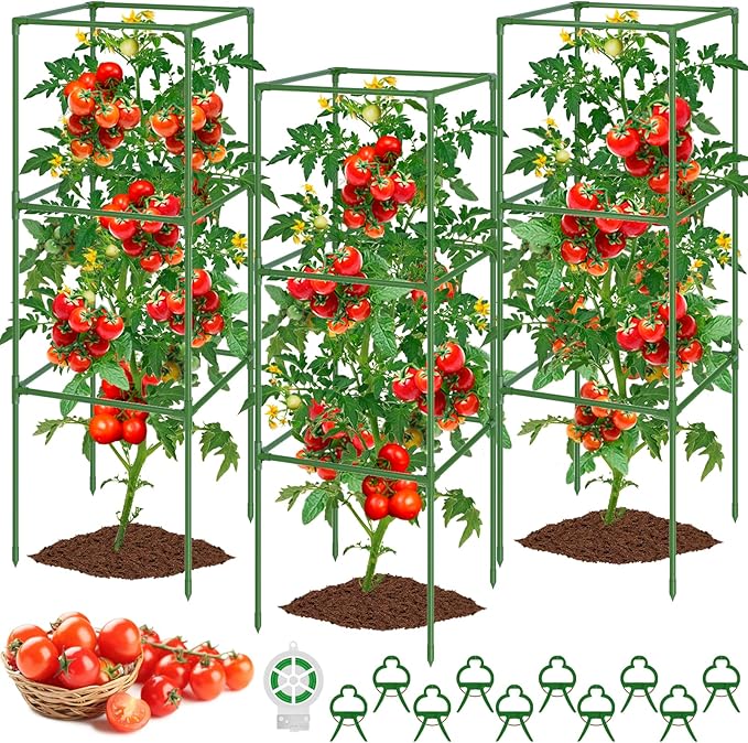 3 Pack Tomato Cages, Square Tomato Plant Stakes Support Cages Trellis, 50 * 17 * 17in Heavy Duty Steel Plant Tower Stakes Cucumber Trellis for Garden Climbing Vegetables Flowers Fruits, Bold