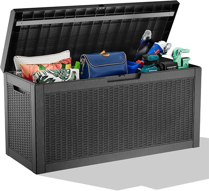 Vixzen 60 Gallon Outdoor Deck Box,Lockable Resin Waterproof Storage Box,UV Resistant,Weather Resistance,Outside Storage Bin for Gardening Tools,Pool Supplies（Black，60 Gallon）
