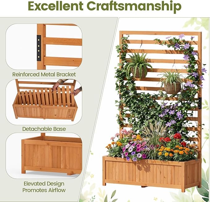 Giantex Set of 2 Raised Garden Bed with Trellis, 59” Tall Planter Box with Liner, Drainage Gaps for Climbing Vine Vegetable Flower, Indoor Outdoor Freestanding Privacy Screen for Porch Patio Yard