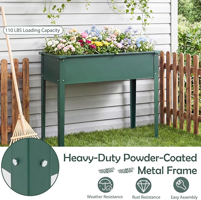 Giantex Metal Raised Garden Bed with Legs, 24”x11”x18” Elevated Planter Box with Drainage Holes for Vegetable Fruit Flower Herb, Outdoor Standing Gardening Box for Balcony Backyard Patio Porch, Green