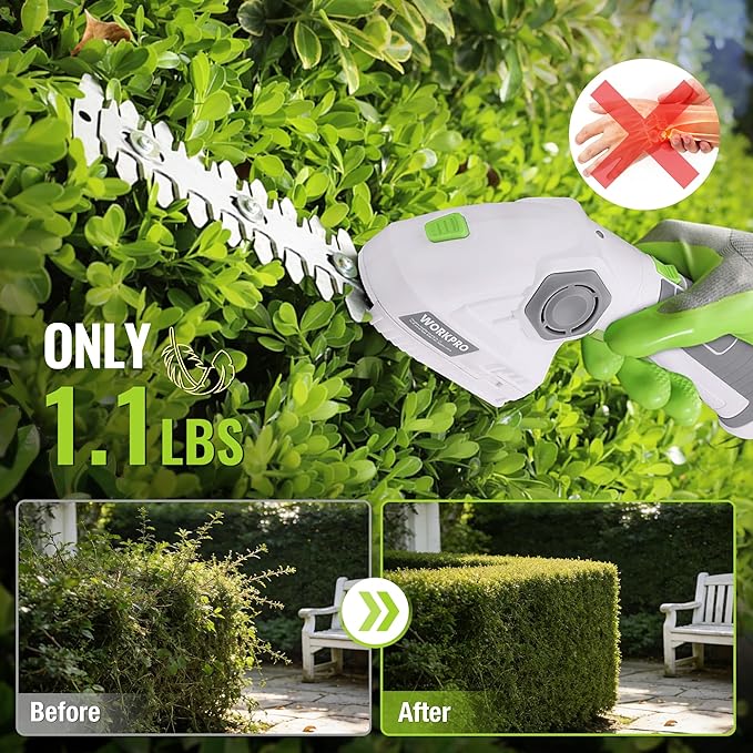 WORKPRO Cordless Grass Shear & Shrubbery Trimmer - 2 in 1 Handheld Hedge Trimmer 7.2V Electric Grass Trimmer Hedge Shears/Grass Cutter 2.0Ah Rechargeable Lithium-Ion Battery and USB Cable Included
