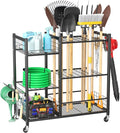 WALMANN Large Garden Tool Organizer with Wheels for Garage, Rakes/Shovels/Yard Tools Storage Stand for Yard, Garden, Indoor/Outdoor Long-Handled Tools Rolling Cart(Tool stand with shelves)