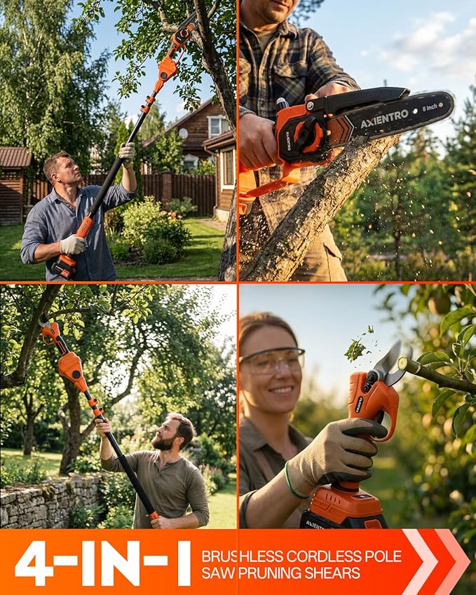 4-in-1 Pole Saw & Pruning Shears, 8-in Brushless Motor Pole Saw for Tree Trimming, Electric Pruners with Extendsion Pole, 2x4000mAh Li Batteries & Charger, 16FT Max Reach