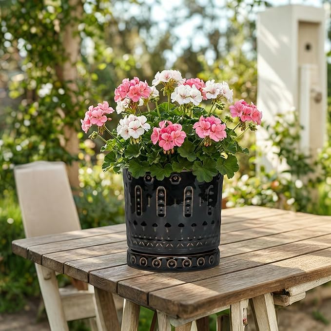 Eightpot 8 Inch Pots for Plants, Ceramic Plant Pot for Indoor Outdoor, Round Planter with Drainage Hole and Tray, Modern Flower Pot, Decorative Plant Pots, Room Decor, House Warming Gifts, Black