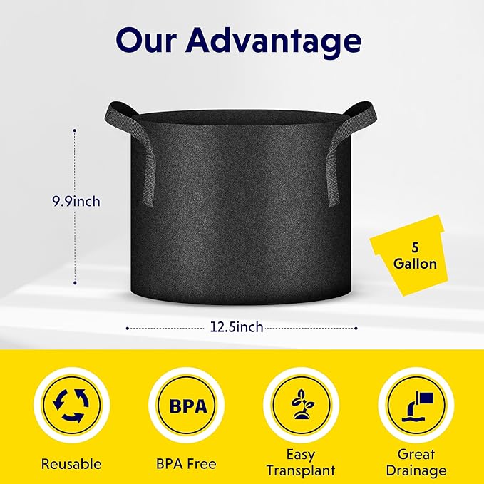 iPower 10-Pack 5 Gallon Thickened Grow Bags Nonwoven Fabric Pots Aeration Container with Strap Handles for Garden and Planting, Black