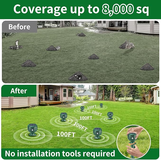 Mole Repellent Solar Powered, Waterproof Sonic Spikes Gopher Vole Groundhog Snake Chipmunk Mole Deterrent for Lawn & Garden 4 Pack