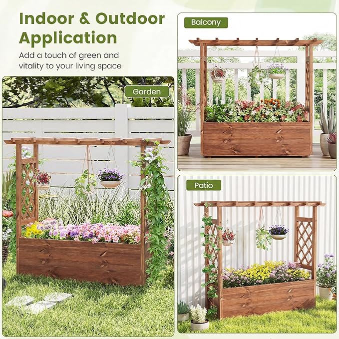 Giantex Raised Garden Bed with Sided Trellis & Roof Set 2, 31”x16”x41” Wood Elevated Planter Box, Freestanding Garden Planter Raised Bed for Flowers Herbs Climbing Vines,Brown