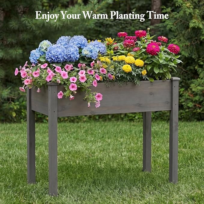 DUMOS Raised Garden Bed with Legs, 48x24x30 Inch Planter Box Outdoor with Liner for Herbs Flowers Vegetables, Elevated Wooden Garden Bed for Patio, Balcony and Backyard, Grey