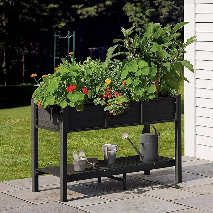 DWVO 48x18x30in Raised Garden Bed Kit, HDPE Planter Box Stand, Poly Wood Weather-Resistant Planter Box with Legs & Storage Shelf, Elevated Garden Bed for Backyard, Patio, Balcony,Black