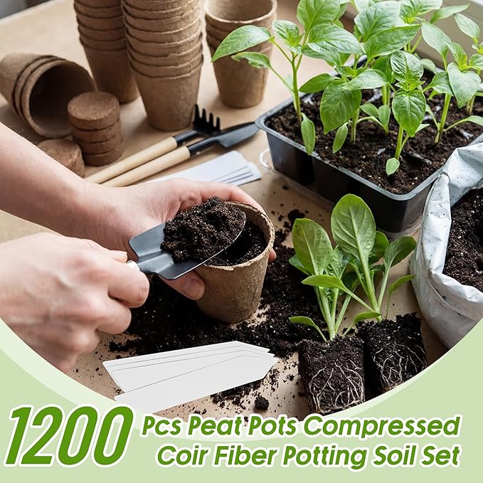 Layhit Seed Starter Plant Pots Kit, Compressed Coir Fiber Potting Soil, 2.36 Inch Nursery Pots, Small Seed Starting Starter Tray Bulk, Garden Germination Container Set with Planting Labels (1200 Pcs)