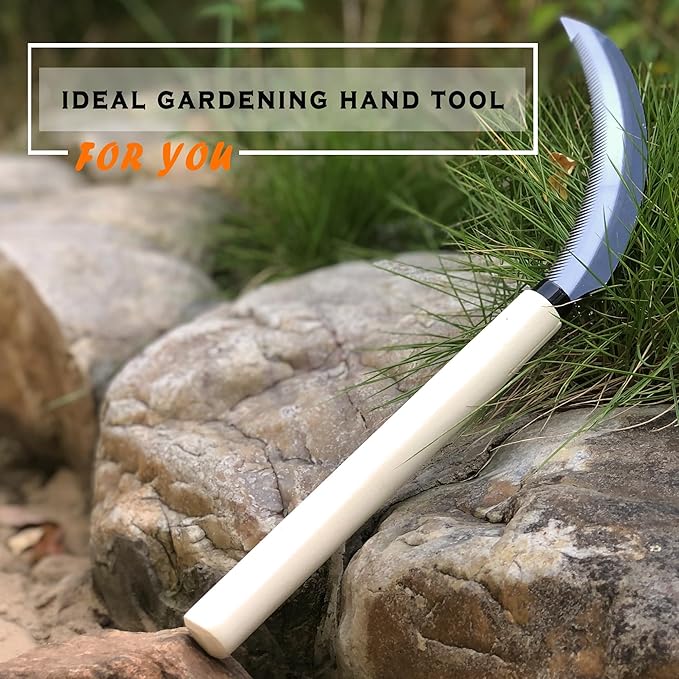 Grass Sickle with Sawtooth Japanese Weeding Hoe Garden Hand Tool Weeding Tools for Garden High-Strength Steel with Solid Wood Handle (White)