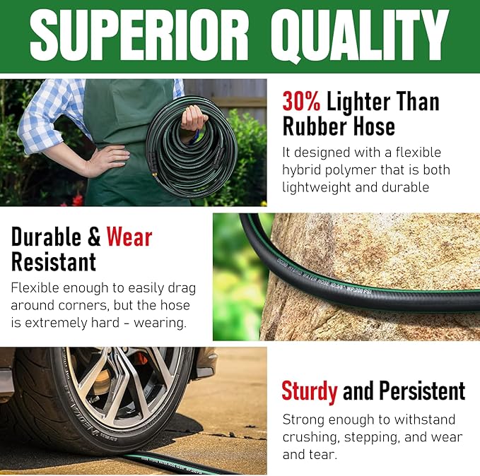 Heavy Duty Garden Hose 50 ft, NON-EXPANDABLE Water Hose with 10 Function Spray Nozzle, Lightweight Kink-less Hybrid Hose with Swivel Handle, Male to Female Fittings
