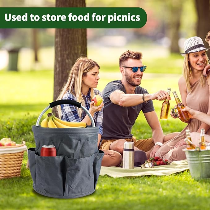 Gardening Storage Tote with Handle and 6 Pockets, Folding Garden Tool Basket, Storage Bag for Outdoor Picnicking, Beachcombing, Bathroom Essentials, Home Shopping, Gray