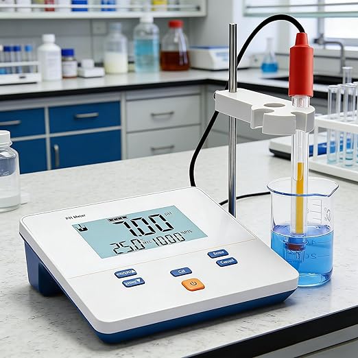 Lab Benchtop pH Meter Digital pH Meters with 1-2Points Auto Calibration Bench Top pH Meter with 6.0 inch High Definition Screen Science Lab pH Meters for Soil Salt Water Test (Model AMT611)