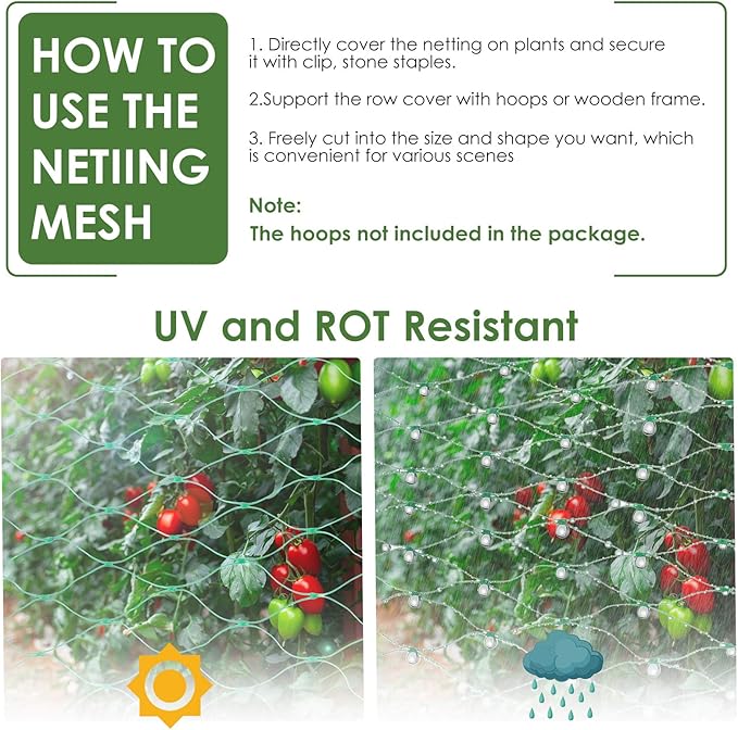 13X130FTRuolan Bird Netting for Garden Protect Vegetable Plants and Fruit Trees,Plastic Trellis Netting for Birds, Deer,Squirrels and Other Animals (13X130), Green