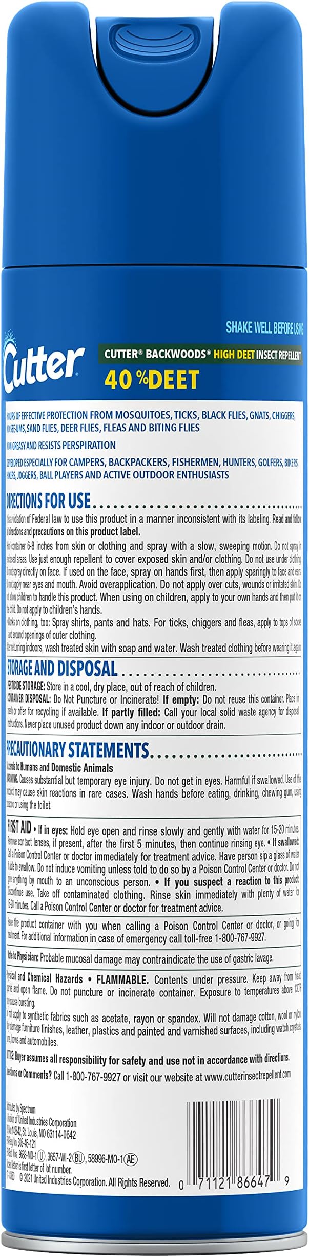Cutter Backwoods High DEET Insect Repellent 11 oz, Aerosol, with 40% DEET