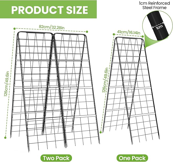 Garden Trellis for Cucumbers, 50” x 16“ Adjustable A-Frame Plant Support for Climbing Plants Outdoor, Vegetable, Flowers, 2 Pack Heavy Duty 1cm Metal Vegetable Trellis for Backyard, Raised Bed, Patio