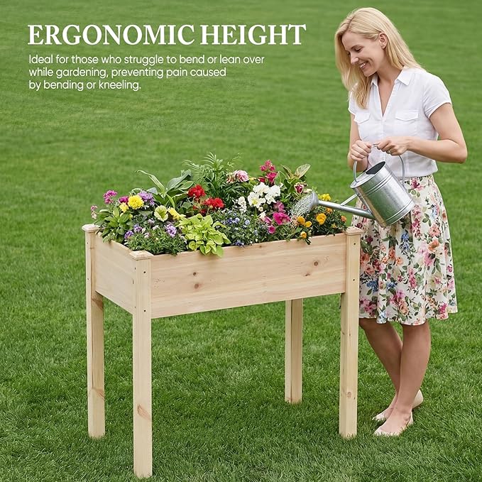 DUMOS Raised Garden Bed with Legs, 48x24x30 Inch Planter Box Outdoor with Liner for Herbs Flowers Vegetables, Elevated Wooden Garden Bed for Patio, Balcony and Backyard, Natural Wood