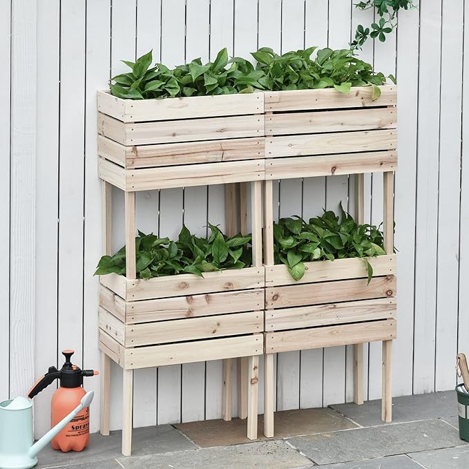 Outsunny 4PCS Raised Garden Bed with Legs, Wooden Elevated Planter Box Kit with Bed Liner, DIY Shape, for Flowers Vegetables Backyard Patio Balcony, 110lb Capacity