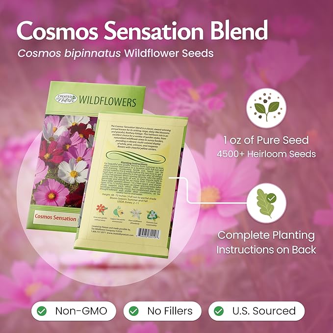 Created By Nature, Cosmos Seeds, Sensation Mix, Pink, Purple, and White Wildflower Seed Mix, 4,500 Annual Flower Seeds, Covers Up to 275 sq. ft. (Cosmos bipinnatus)
