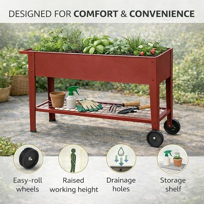 InSideOut Elevated 40" Raised Garden Bed Outdoor with Wheels & Shelf for Mobility, Metal Planter Box for Vegetables/Herbs, Patio-Balcony-Backyard (Red)