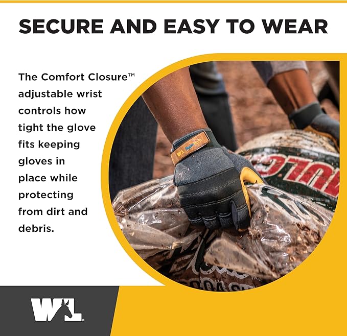 Wells Lamont Men's HydraHyde Work Gloves – Cowhide Leather, Reinforced Fingertips for Durability – Adjustable Velcro Wrist – Ideal for Gardening, Landscaping, Lawn Care – Navy - XL