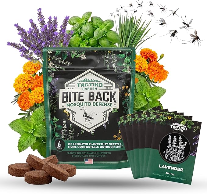 Tactiko Garden Aromatic Herb Seed Kit for Mosquito Season – 6 Individual Seed Packets for Patio & Deck - Lavender, Lemongrass, Marigold, Catnip, Lemon Balm. Basil – Starter Kit with 6 Coir Soil Discs