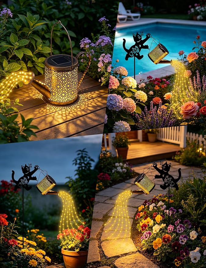 Solar Watering Can Lights with Cascading Light, Solar Lights Outdoor Garden Decor, IP65 Waterproof Hanging Lantern, Hanging Gardening Decor for Outside Patio Porch Yard (Cat)