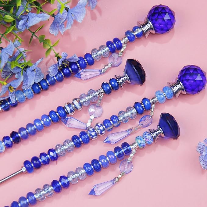 121 Pcs DIY Fairy Wand Beaded Garden Stakes Kit, Fairy Wands Garden Kit Dark Blue Large Hole Bead with Pendants Crystal Stopper Top Threaded Rod Beaded Garden Stakes Supplies for Outdoor Decorative