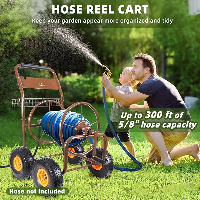 2025 Upgrade Hose Reel Cart, Hold Up to 300 ft of 5/8'', Garden Hose Cart with 4 Wheels, Heavy Duty Freestanding Water Hose Reels for Outside Garden Lawn Yard Outdoor