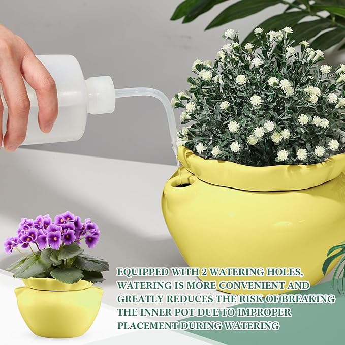 6.3 Inch African Violet Pots, Yellow Self Watering Pot for Indoor Plants, Ceramic Easy Plant Self Watering Pot for Thriving Plant Flower Maintenance