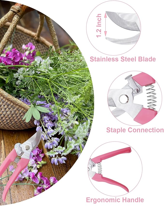 Pruning Shears for Gardening, 2 Pack Garden Scissors for Cutting Fresh Flowers, Floral Clippers for Plants, Fruits (Pink)