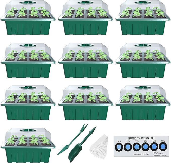 Seed Starter Tray, 10 Pack 12 Cell Seed Starter Kit with Humidity Dome, Reusable Plant Trays for Seedlings, Germination Kit with Humidity Strip for Plant Growing, Starter Pots for Planting